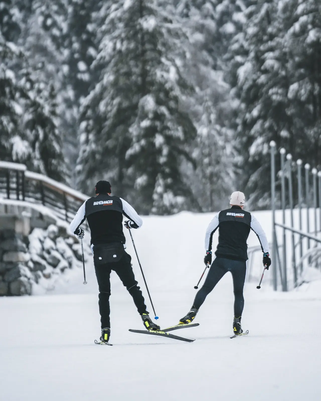 To langrennsløpere i snødekt skog